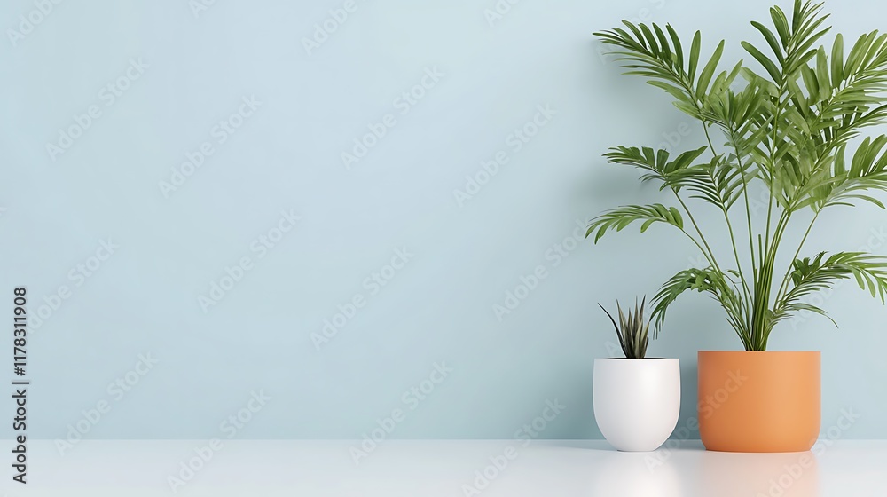 Two potted plants against a light blue wall Two potted plants against a light blue wall