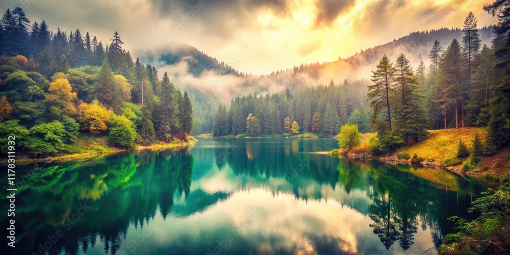 Naklejka premium Vintage Mountain Lake Crater Photography: Serene Forest Reflections