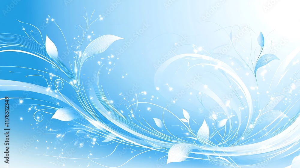 Abstract Blue Floral Design With Swirling Lines And Glowing Sparks