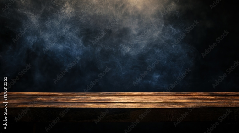 A dark, smoky background with a wooden table surface, creating a moody atmosphere.