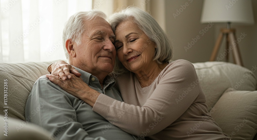 Elderly couple sharing a warm embrace at home Elderly couple sharing a warm embrace at home