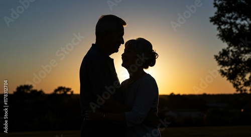 Romantic silhouette of couple at sunset.