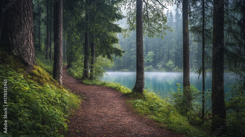 Misty forest path alongside a serene lake. Misty forest path alongside a serene lake.