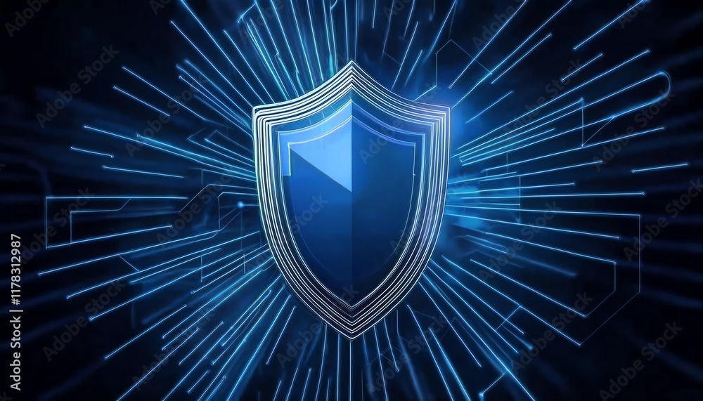 Fototapeta premium A blue shield symbol surrounded by radiant lines, representing protection and cybersecurity.