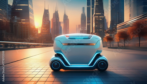 electric and autonomous delivery robot against futuristic cityscape self driving robot technology concept photo