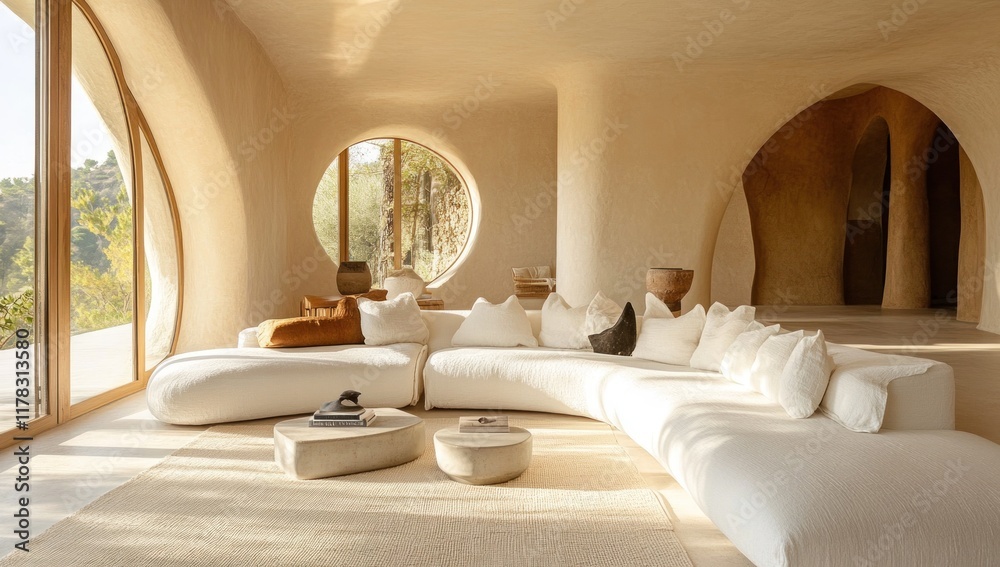 Modern curved sofa in sunlit organic home. Modern curved sofa in sunlit organic home.