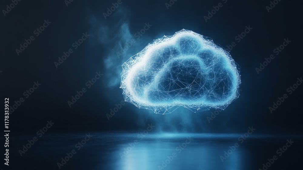 Obraz premium Digital Cloud Visualization with Network Connections and Glowing Lines on Dark Background Representing Data Storage and Cloud Technology Concepts