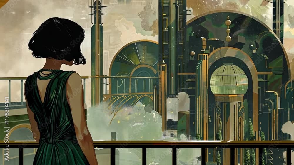 Elegant woman in an evening dress standing at the train station, art deco retro illustration