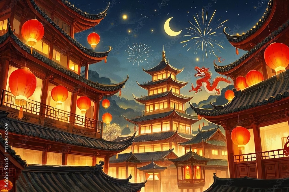 Fototapeta premium Illustration of the Chinese New Year celebration with red lanterns hanging in the temple complex at night