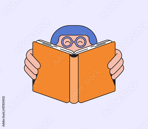 A person happy reader holding an orange book with a big smile cartoon hand drawn illustration perfect for educational content or literature promotion