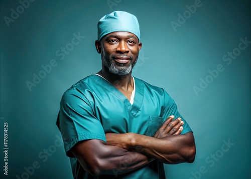 A captivating black surgeon in teal scrubs, striking a pose.  Room for your text.
