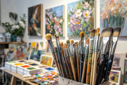 Assortment of artist paintbrush in container in vibrant studio