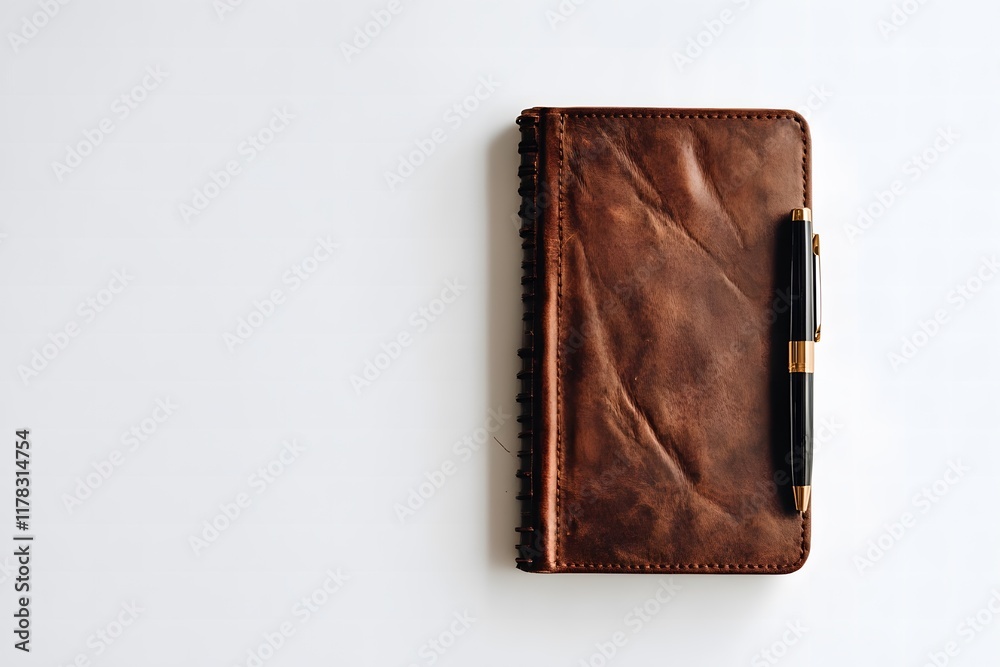 Elegant brown leather planner with a sleek pen resting beside it on a clean, minimalistic white surface, perfect for capturing thoughts and ideas in style. Elegant brown leather planner with a sleek pen resting beside it on a clean, minimalistic white surface, perfect for capturing thoughts and ideas in style.