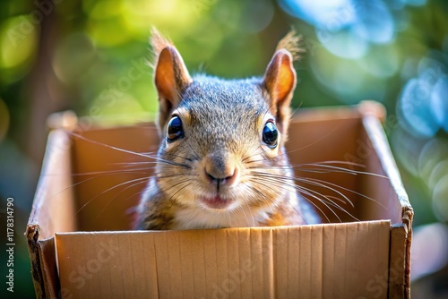 A curious squirrel pokes its head out of a box, details sharp in the foreground. photo