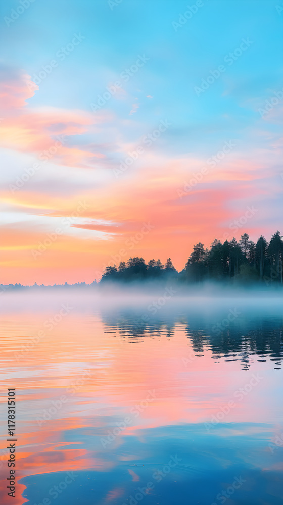 Tranquil Morning at a Lake Cabin: Vivid Sunrise Reflecting off Calm Waters with Silhouetted Pier Tranquil Morning at a Lake Cabin: Vivid Sunrise Reflecting off Calm Waters with Silhouetted Pier
