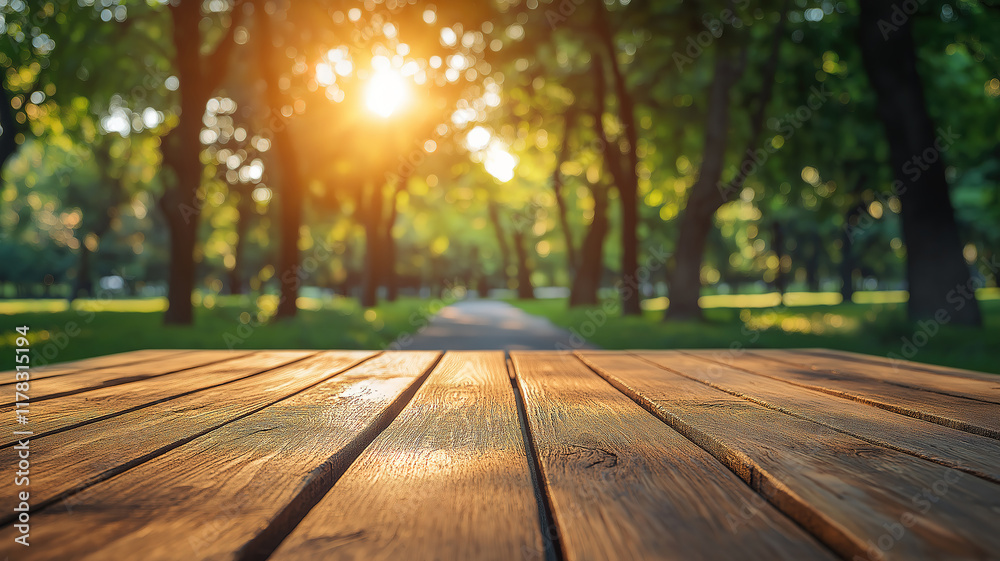 Wooden table top with a bokeh light effect from a green nature park, ideal for spring or summer Wooden table top with a bokeh light effect from a green nature park, ideal for spring or summer