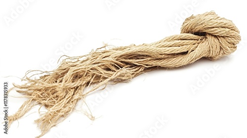 Long frayed rope near breaking, isolated on a white background. The rope shows signs of wear with threads unraveling, symbolizing tension and the verge of rupture, photo