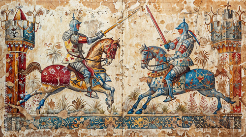 Medieval fresco depicting jousting knights in ornate armor and decorated horses between castle towers, featuring vintage color palette and weathered texture effects