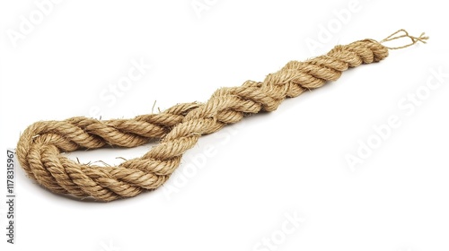 Long frayed rope near breaking, isolated on a white background. The rope shows signs of wear with threads unraveling, symbolizing tension and the verge of rupture, photo