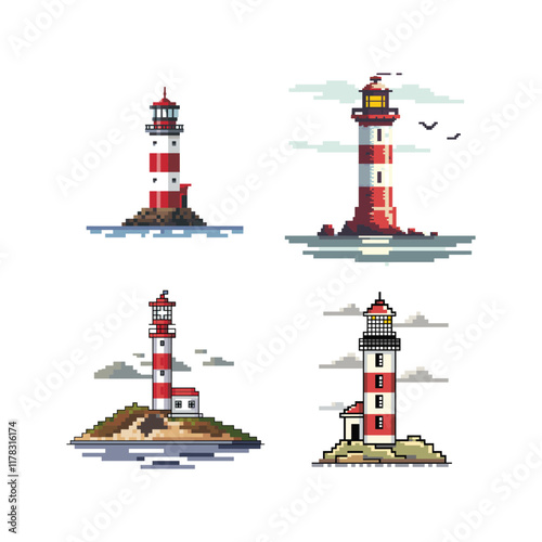 Lighthouse pixel art design vector template illustration