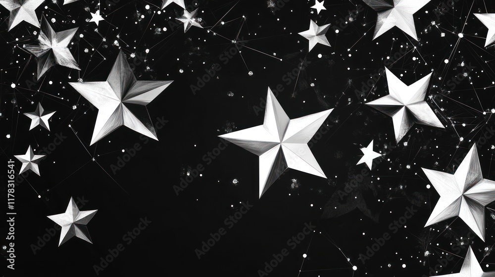 A design featuring silver stars against a black background, evoking a sense of wonder. A design featuring silver stars against a black background, evoking a sense of wonder.