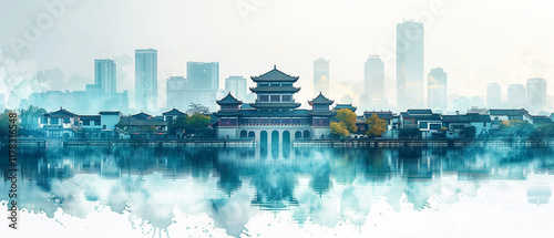 Chinese characteristics of the ancient city and modern city in the same frame image