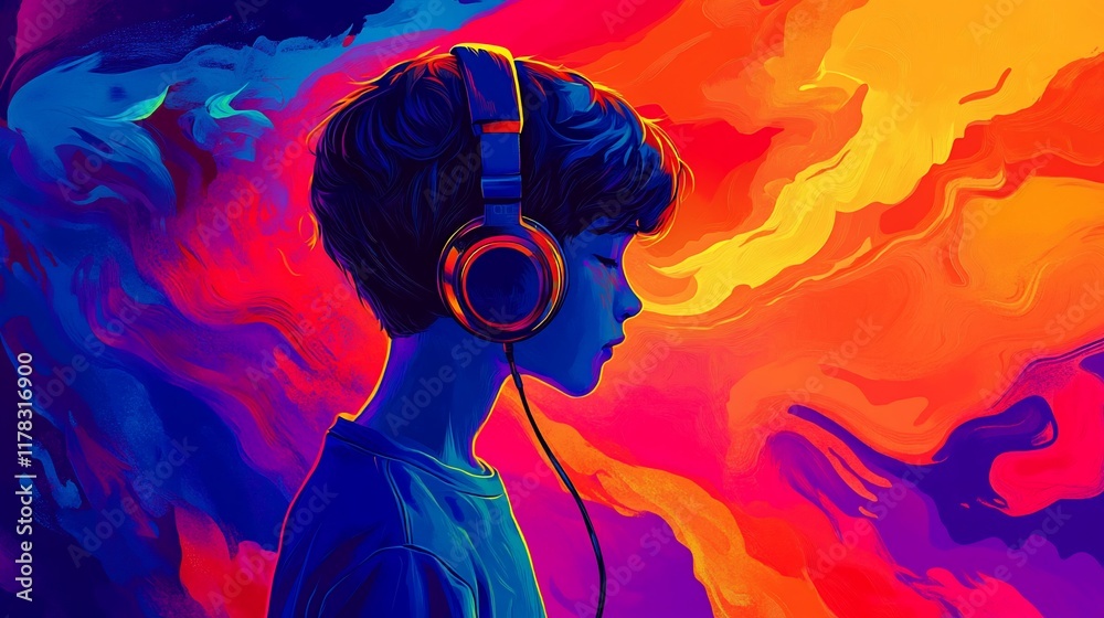 Obraz premium Boy listening to music with headphones, vibrant abstract background.