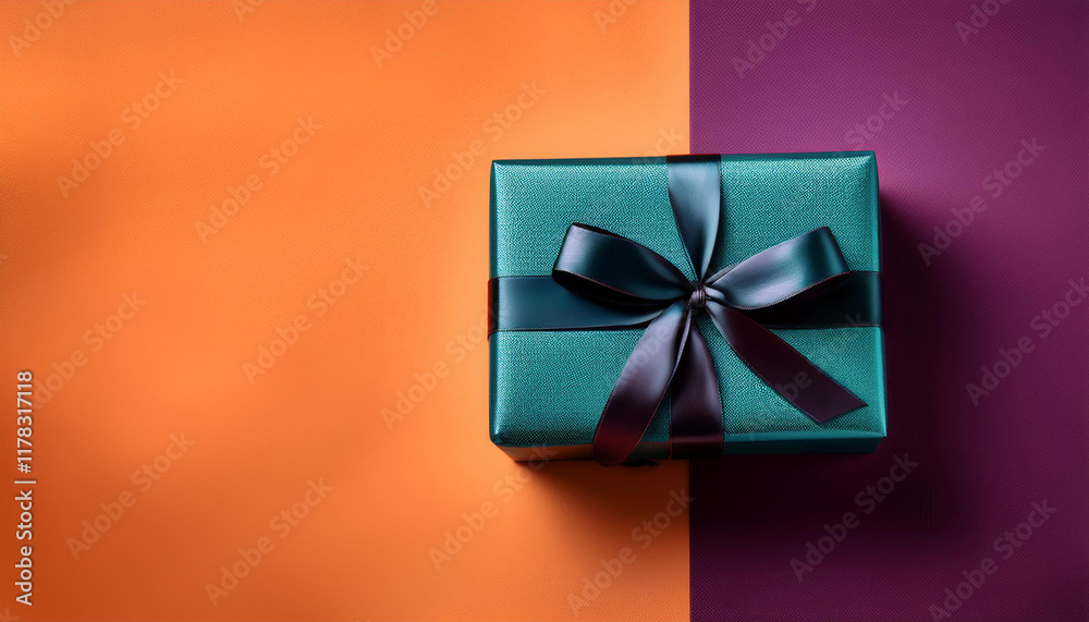 elegant teal gift box with a dark ribbon against a vibrant purple backdrop and a warm orange surface elegant teal gift box with a dark ribbon against a vibrant purple backdrop and a warm orange surface