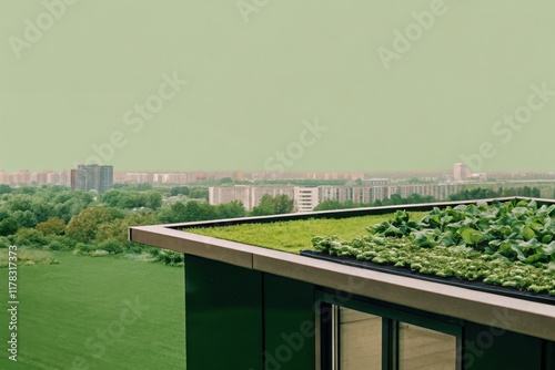 Urban rooftop garden with lush greenery overlooking cityscape photo