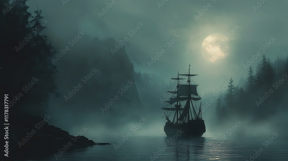 Obraz premium A sailing ship at night in a misty bay under a full moon.