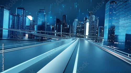 Travel through the high-rise buildings of the technology city, high-tech city center, futuristic city overpasses and buildings, and the city's rapid economic development.