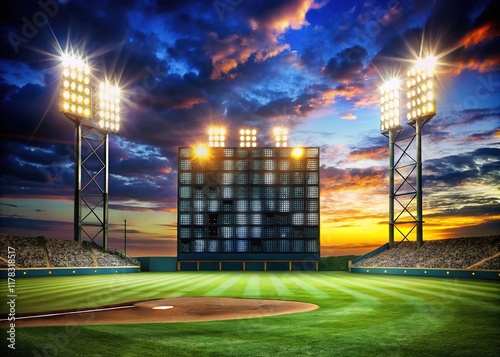 AI-generated baseball scoreboard art, stadium lights at night.