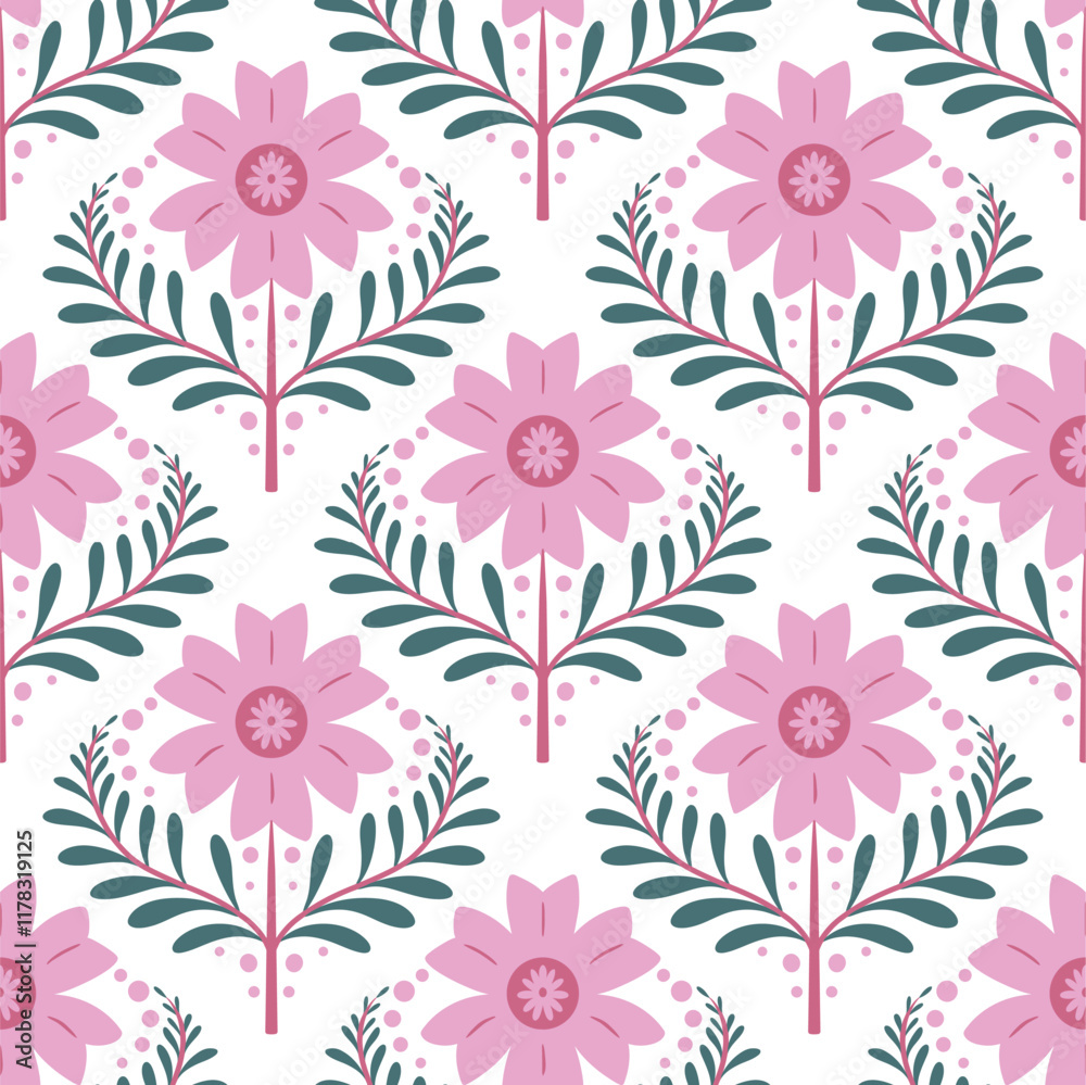 Fototapeta premium Soft Pink Floral Pattern with Elegant Folk Art Style for Seamless Backgrounds