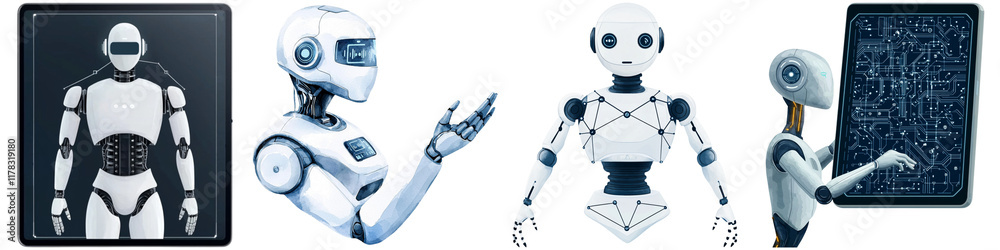 Ethernet network and efficiency, A series of humanoid robots showcasing various designs and poses, emphasizing advanced technology and robotic features. Ethernet network and efficiency, A series of humanoid robots showcasing various designs and poses, emphasizing advanced technology and robotic features.