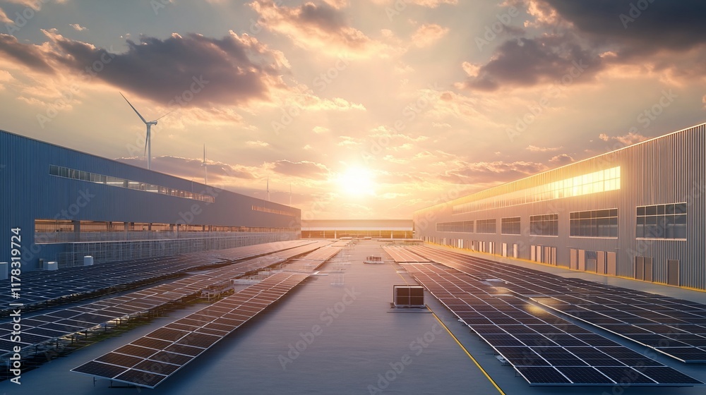 Obraz premium Sunset over solar-powered industrial complex.