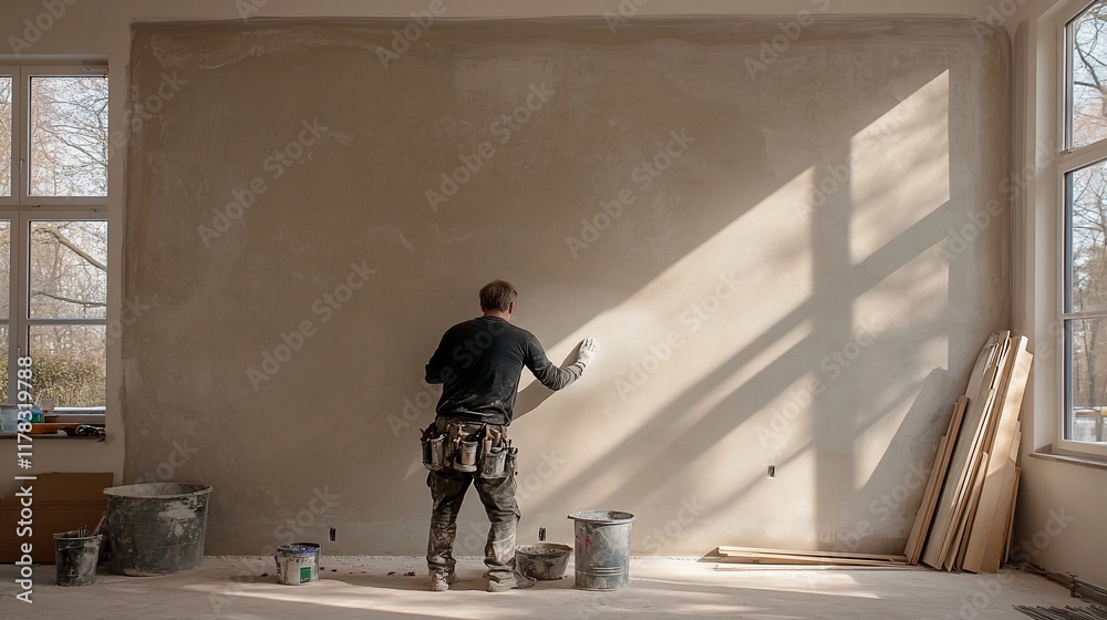 Man plastering a large wall in a sunlit room during home renovation. Man plastering a large wall in a sunlit room during home renovation.