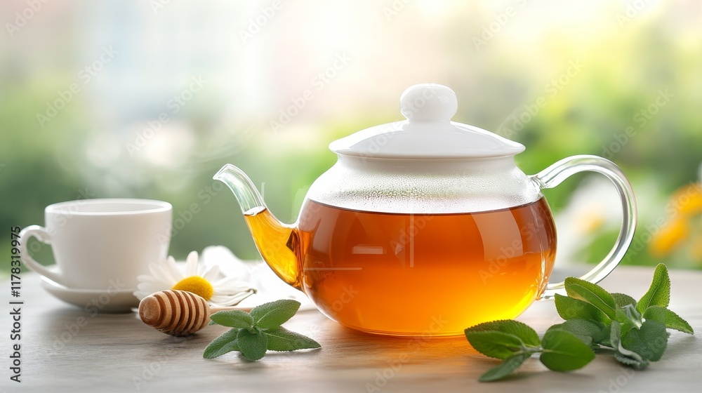 A serene tea setup with a teapot, cup, honey, and fresh herbs, evoking relaxation. A serene tea setup with a teapot, cup, honey, and fresh herbs, evoking relaxation.