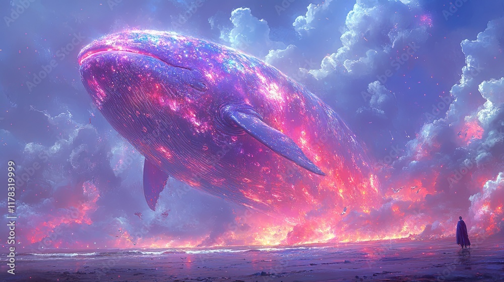 Obraz premium A giant, ethereal whale floats amidst colorful clouds at sunset.