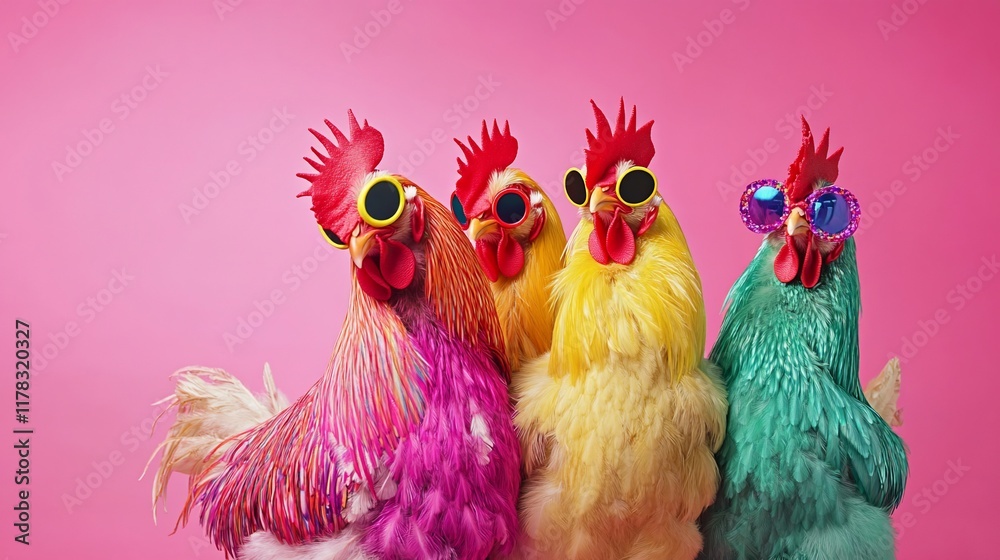 Fototapeta premium Colorful chickens wearing sunglasses on pink background.