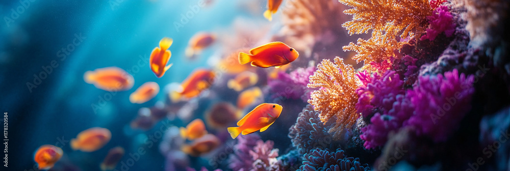 Fototapeta premium A vibrant school of fish swimming through a coral reef, with their bodies blending into abstract bursts of underwater color and light. 