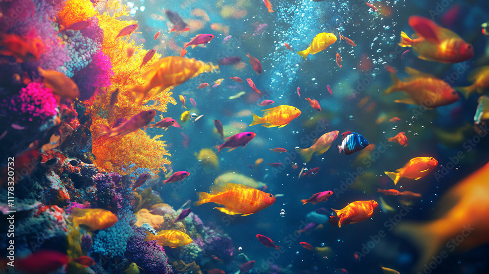 A vibrant school of fish swimming through a coral reef, with their bodies blending into abstract bursts of underwater color and light. A vibrant school of fish swimming through a coral reef, with their bodies blending into abstract bursts of underwater color and light.