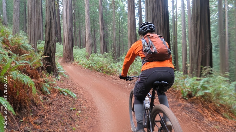 A cyclist rides along a dirt path in a lush forest of tall trees. A cyclist rides along a dirt path in a lush forest of tall trees.