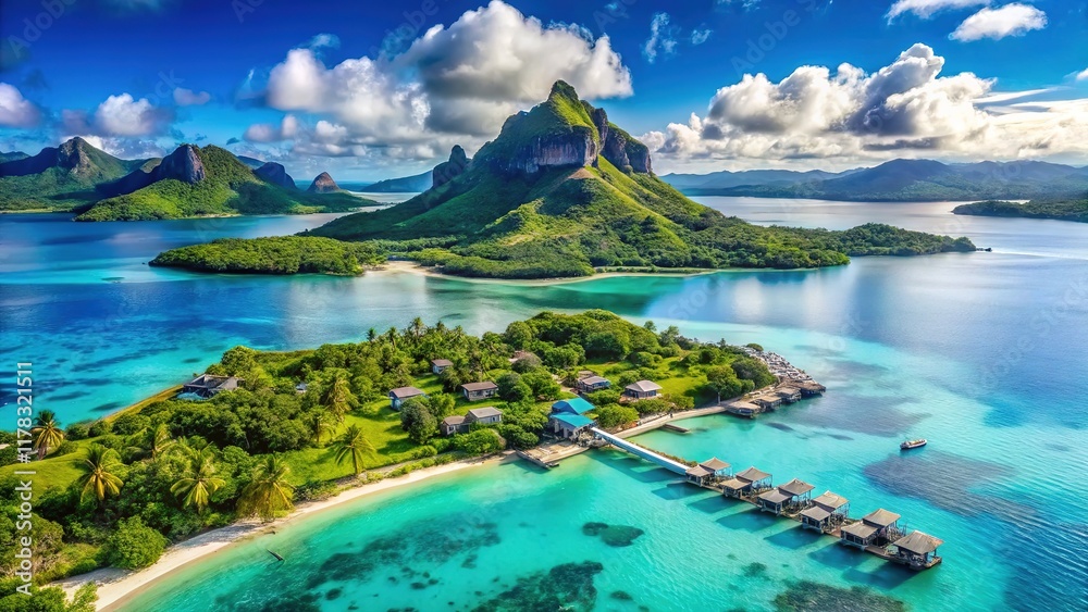 Naklejka premium Bora Bora: Overwater bungalows, vibrant lagoon.