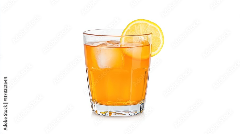 A refreshing glass of orange drink with ice and a lemon slice. A refreshing glass of orange drink with ice and a lemon slice.