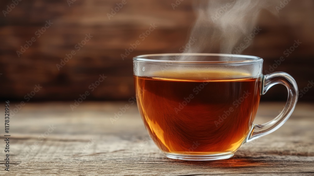 A cup of tea is sitting on a wooden table, with steam rising from the surface