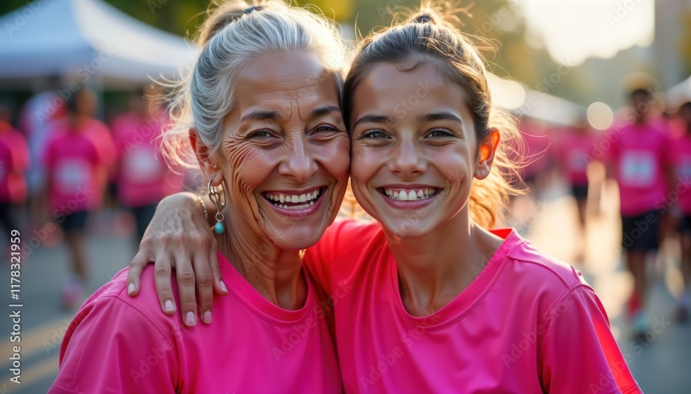 Senior Hispanic woman, granddaughter smile warmly embracing at breast cancer awareness race. Both wear pink athletic clothing. Participants in pink register in background. Family support, community Senior Hispanic woman, granddaughter smile warmly embracing at breast cancer awareness race. Both wear pink athletic clothing. Participants in pink register in background. Family support, community