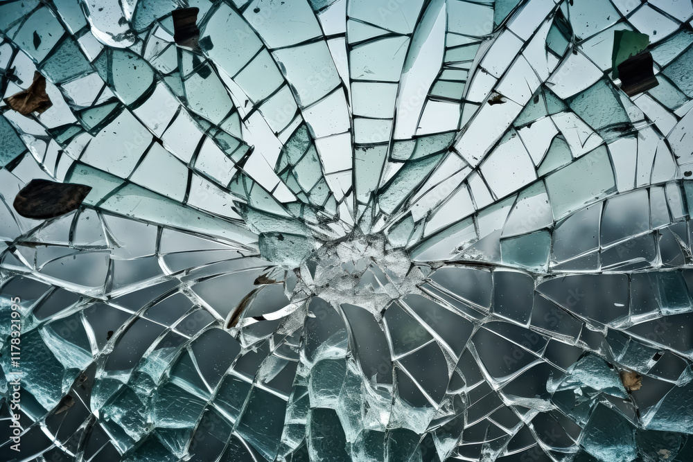 Obraz premium Shattered glass window with a green background.