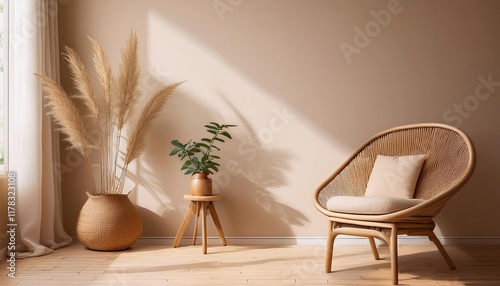 Empty Beige Wall Mockup in Boho Room Interior with Reed Chair and Wooden Planter. Natural Daylight From a Window. Promotion Background.