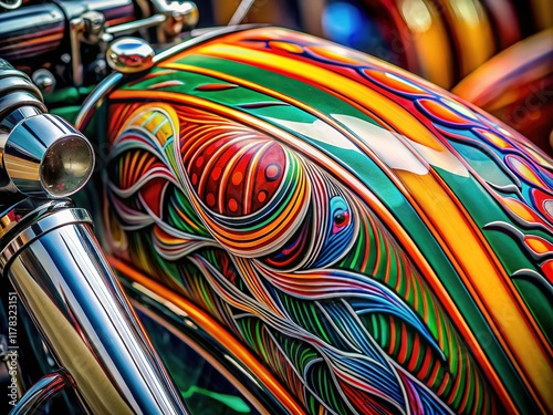 Close-up pinstriped motorcycle and car, highlighting the meticulous artistry of a bygone era.