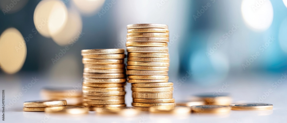 Stacks of golden coins with blurred background create rich atmosphere Stacks of golden coins with blurred background create rich atmosphere